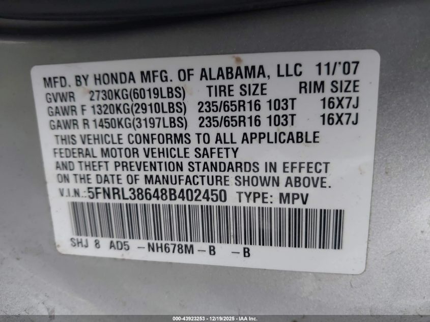 2008 Honda Odyssey Ex-L VIN: 5FNRL38648B402450 Lot: 43923253