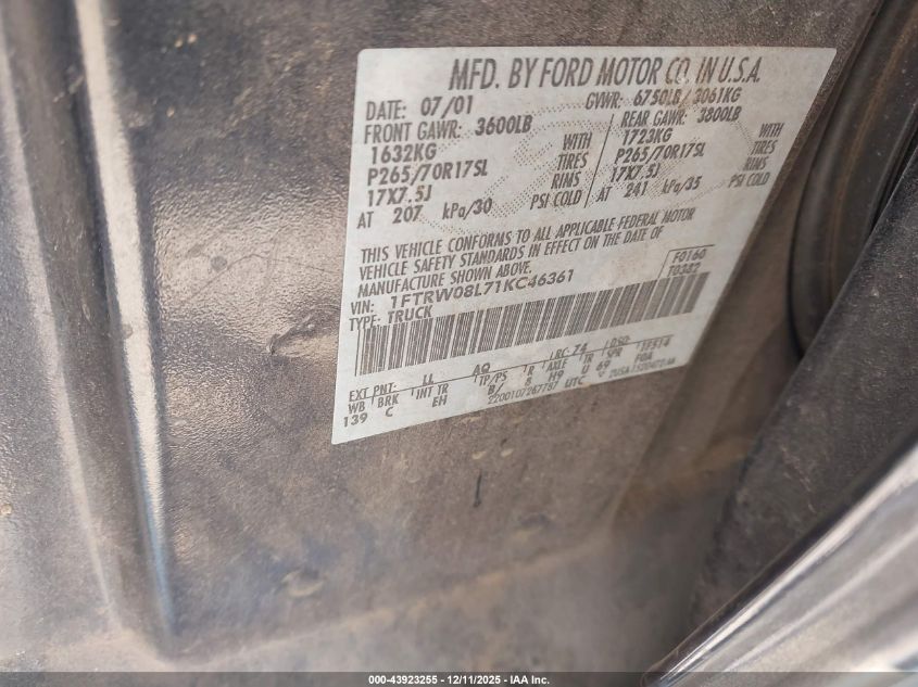 2001 Ford F-150 King Ranch Edition/Lariat/Xlt VIN: 1FTRW08L71KC46361 Lot: 43923255