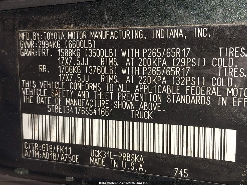 2006 Toyota Tundra Sr5 V8 VIN: 5TBET34176S541661 Lot: 43923257