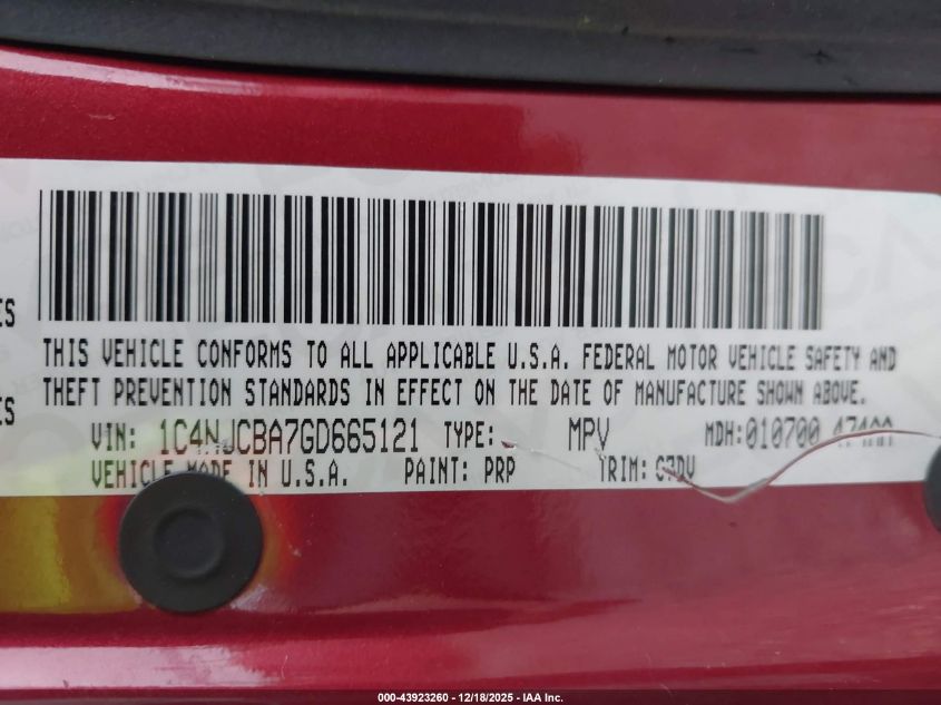 2016 Jeep Compass Sport VIN: 1C4NJCBA7GD665121 Lot: 43923260
