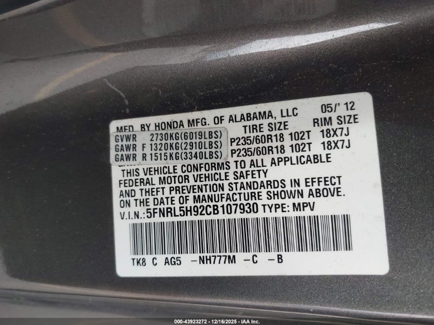 2012 Honda Odyssey Touring/Touring Elite VIN: 5FNRL5H92CB107930 Lot: 43923272