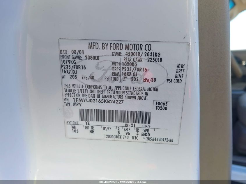 2005 Ford Escape Xlt VIN: 1FMYU03165KB24227 Lot: 43923278