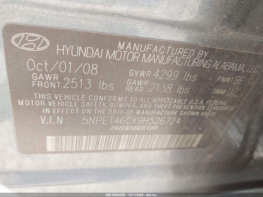 2009 Hyundai Sonata Gls VIN: 5NPET46CX9H526724 Lot: 43923282