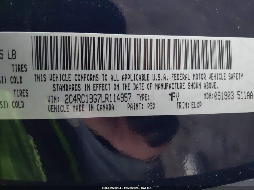 2020 Chrysler Pacifica Touring L VIN: 2C4RC1BG7LR114957 Lot: 43923284