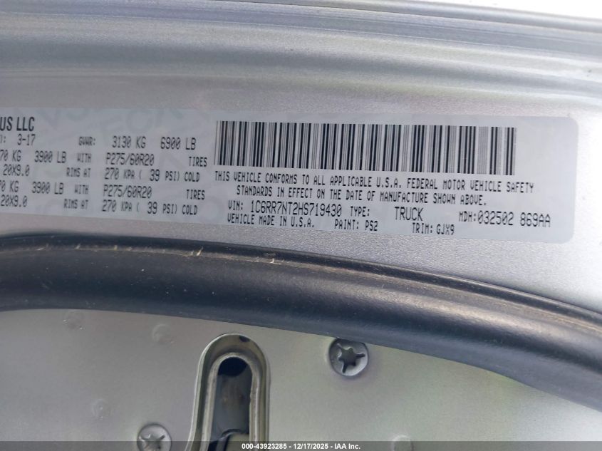 2017 Ram 1500 Laramie 4X4 5'7 Box VIN: 1C6RR7NT2HS719430 Lot: 43923285
