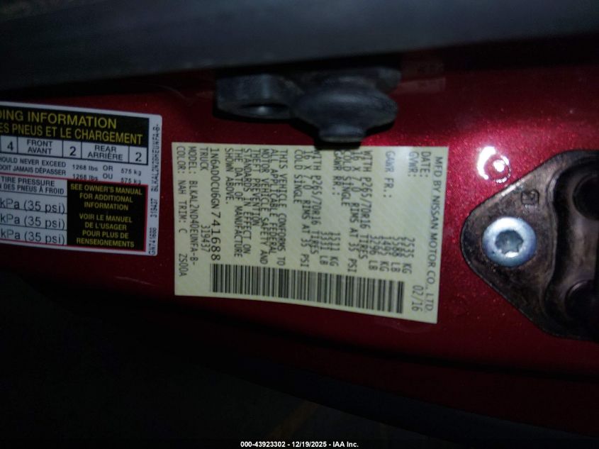 2016 Nissan Frontier Sv VIN: 1N6AD0CU6GN741688 Lot: 43923302