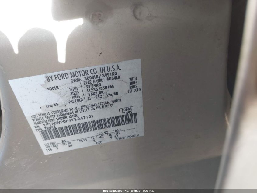 2000 Ford F-250 Lariat/Xl/Xlt VIN: 1FTNW20F4YEA47101 Lot: 43923309