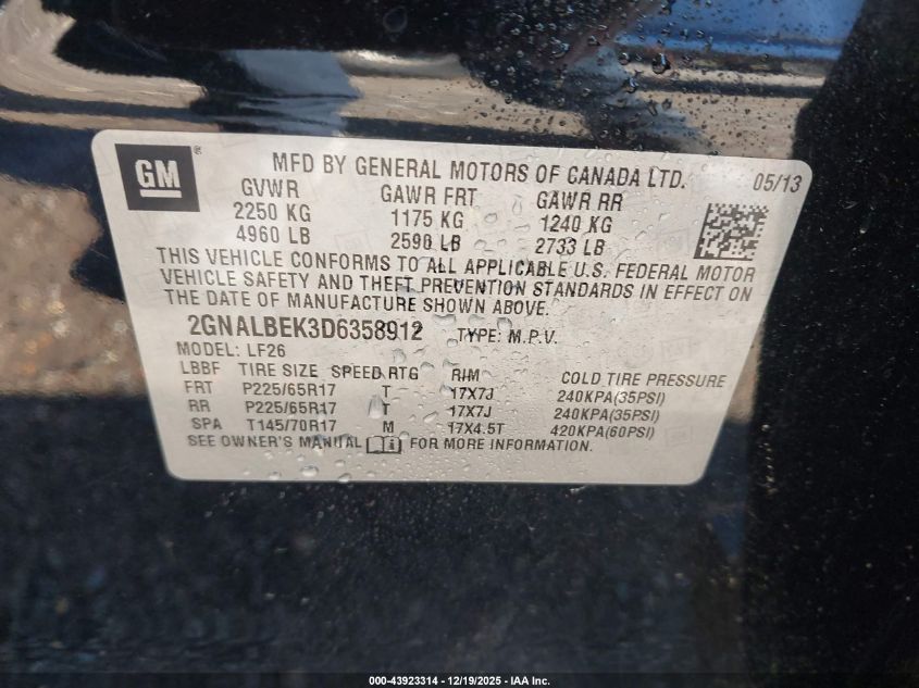 2013 Chevrolet Equinox Ls VIN: 2GNALBEK3D6358912 Lot: 43923314