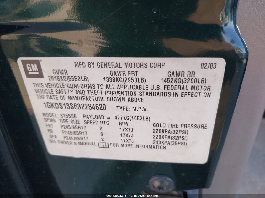 2003 GMC Envoy Slt VIN: 1GKDS13S632284620 Lot: 43923315