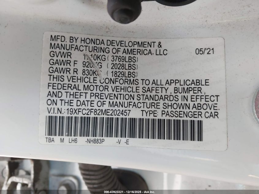 2021 Honda Civic Sport VIN: 19XFC2F82ME202457 Lot: 43923321