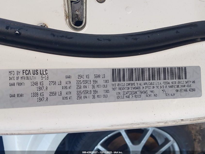 2019 Dodge Journey Gt Awd VIN: 3C4PDDEG0KT784945 Lot: 43923327