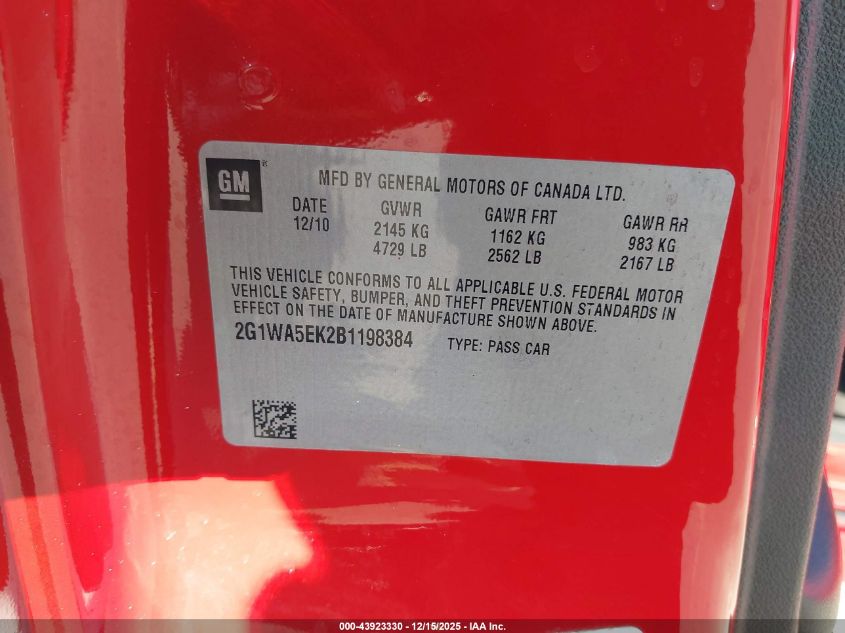 2011 Chevrolet Impala Ls VIN: 2G1WA5EK2B1198384 Lot: 43923330