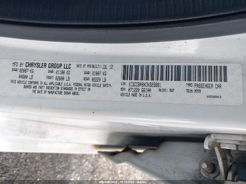 2012 Chrysler 200 Lx VIN: 1C3CCBABXCN325881 Lot: 43923332