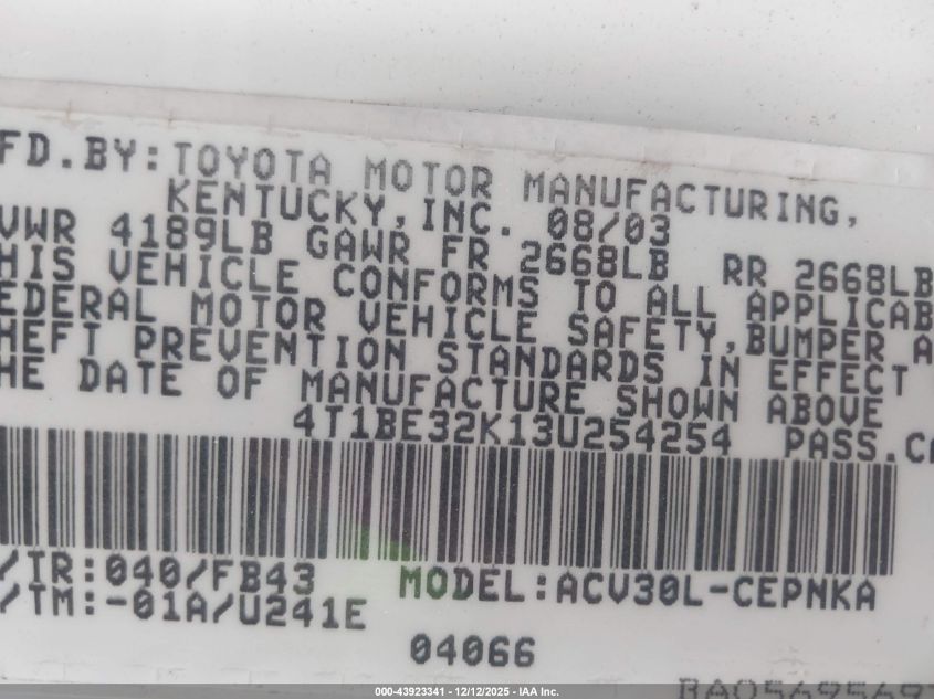 2003 Toyota Camry Le VIN: 4T1BE32K13U254254 Lot: 43923341