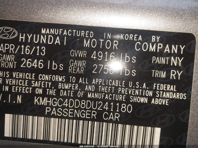 2013 Hyundai Genesis 3.8 VIN: KMHGC4DD8DU241180 Lot: 43923345