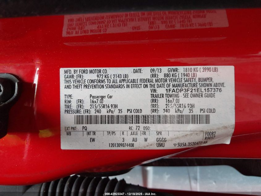 2014 Ford Focus Se VIN: 1FADP3F21EL157376 Lot: 43923347