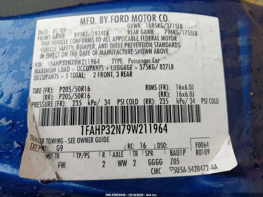 2009 Ford Focus Se VIN: 1FAHP32N79W211964 Lot: 43923348