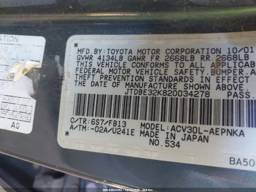 2002 Toyota Camry Le VIN: JTDBE32K820034278 Lot: 43923352