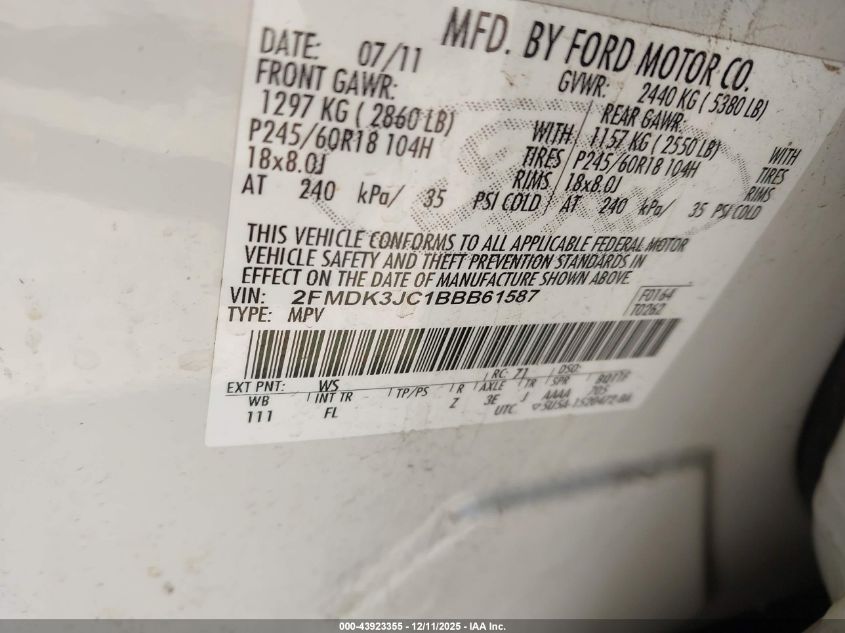 2011 Ford Edge Sel VIN: 2FMDK3JC1BBB61587 Lot: 43923355