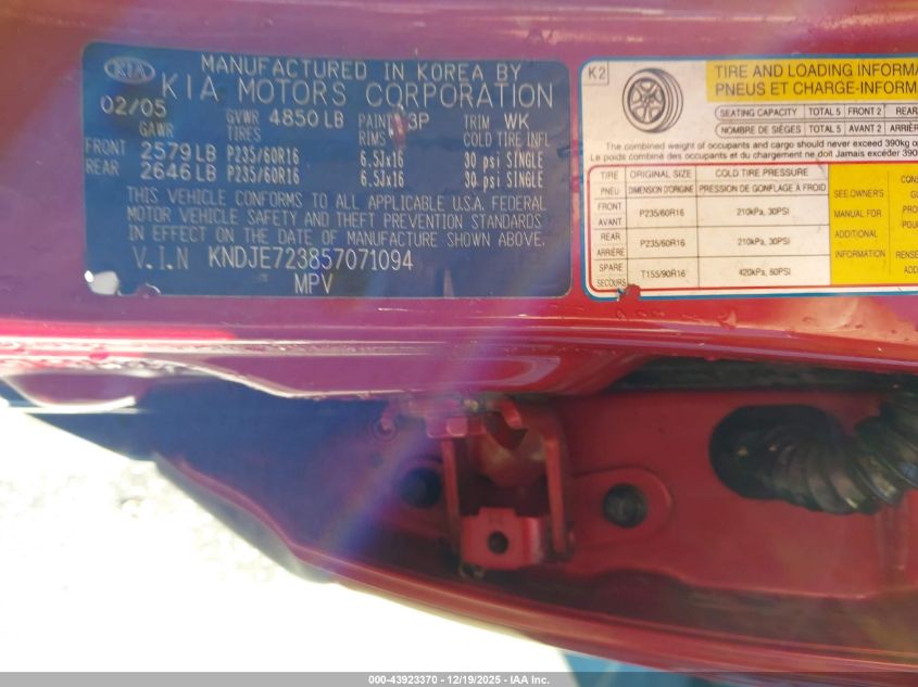 2005 Kia Sportage Ex V6/Lx V6 VIN: KNDJE723857071094 Lot: 43923370