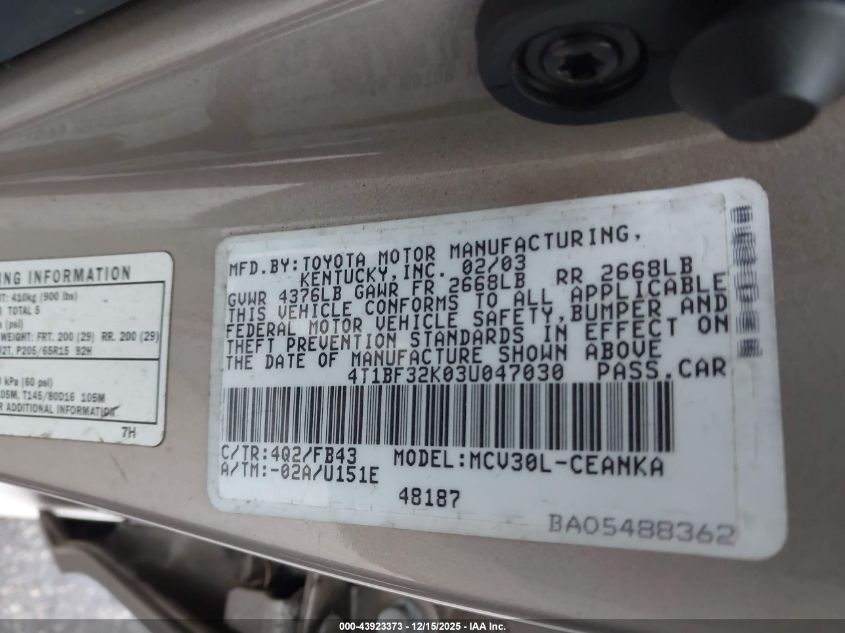 2003 Toyota Camry Le V6 VIN: 4T1BF32K03U047030 Lot: 43923373