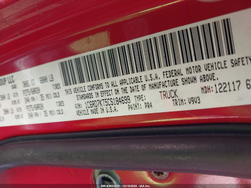 2012 Ram 1500 St VIN: 1C6RD7KT5CS184699 Lot: 43923379