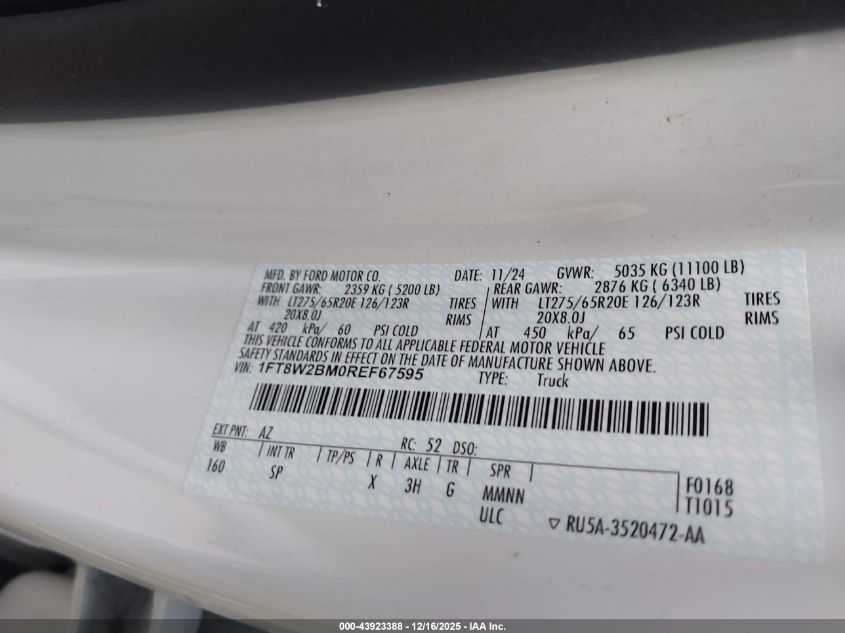 2024 Ford F-250 King Ranch VIN: 1FT8W2BM0REF67595 Lot: 43923388