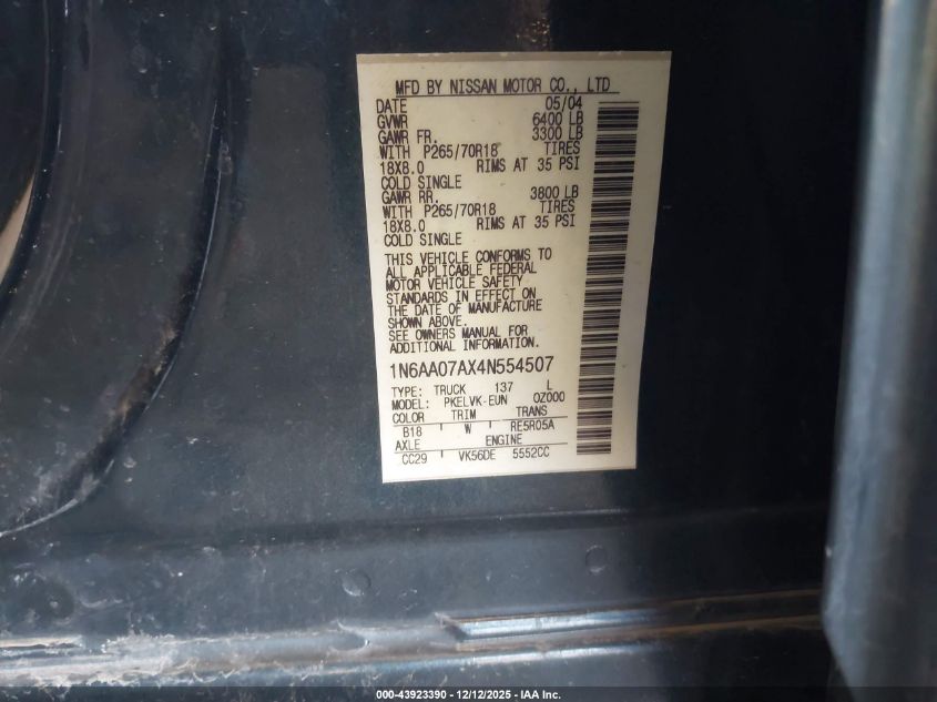 2004 Nissan Titan Le VIN: 1N6AA07AX4N554507 Lot: 43923390