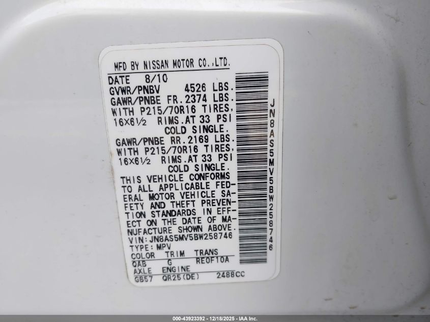 2011 Nissan Rogue S VIN: JN8AS5MV5BW258746 Lot: 43923392