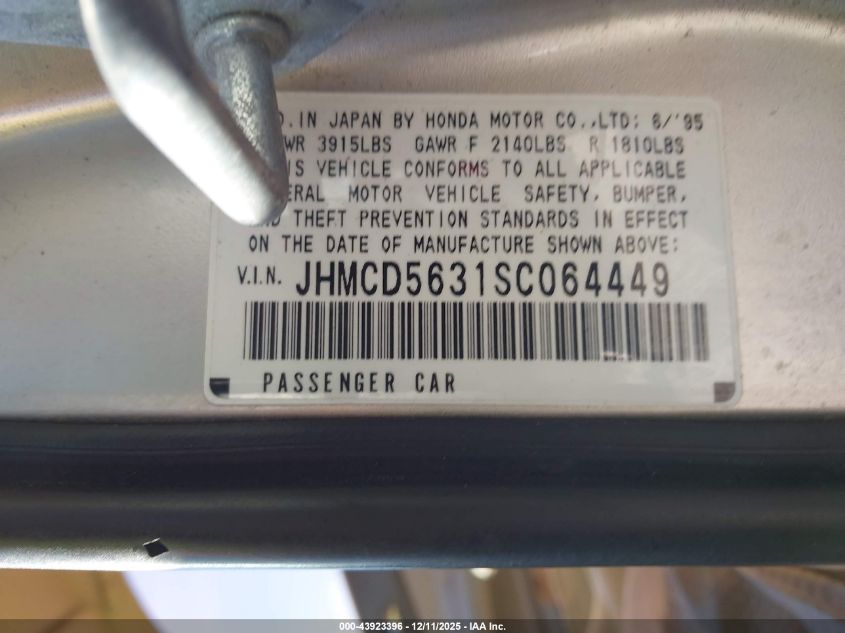 1995 Honda Accord Lx VIN: JHMCD5631SC064449 Lot: 43923396