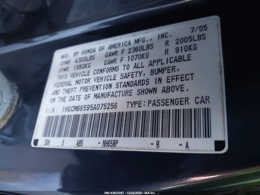 2005 Honda Accord 3.0 Ex VIN: 1HGCM66595A075256 Lot: 43923397