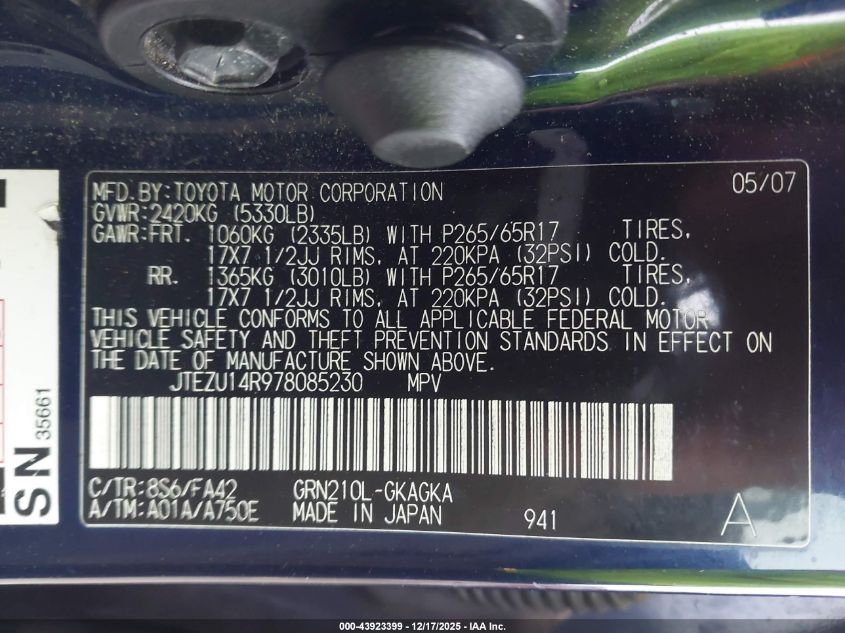 2007 Toyota 4Runner Sr5 V6 VIN: JTEZU14R978085230 Lot: 43923399