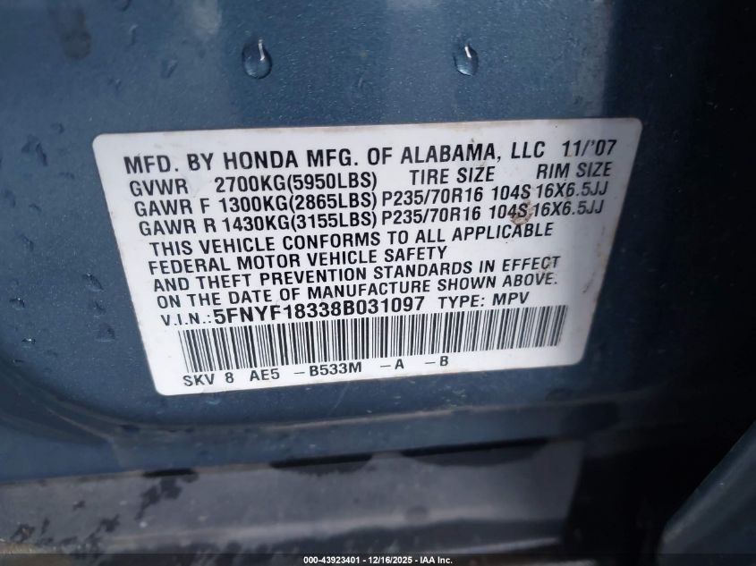 2008 Honda Pilot Se VIN: 5FNYF18338B031097 Lot: 43923401