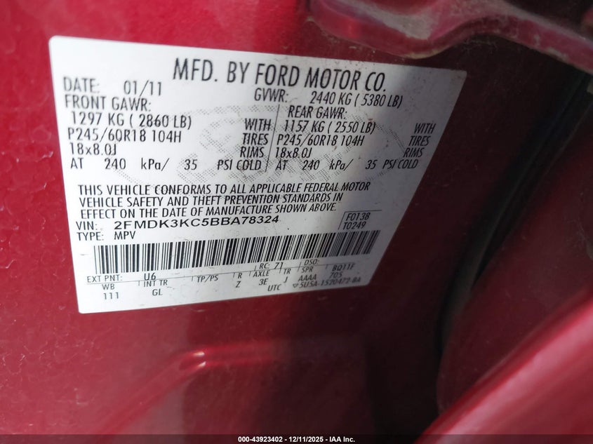 2FMDK3KC5BBA78324 2011 FORD EDGE photo no. 9