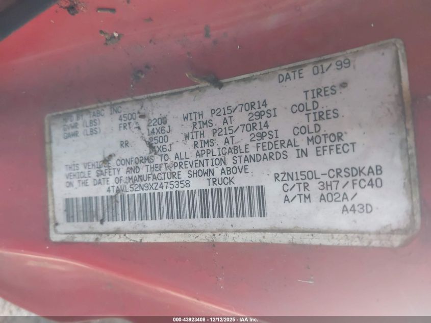 1999 Toyota Tacoma VIN: 4TAVL52N9XZ475358 Lot: 43923408