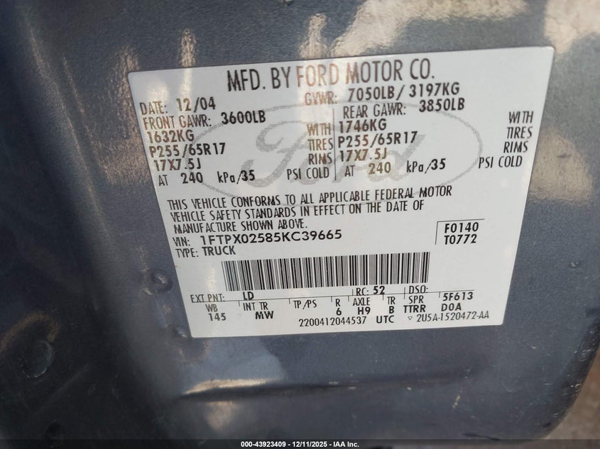 1FTPX02585KC39665 2005 FORD F-150 photo no. 9