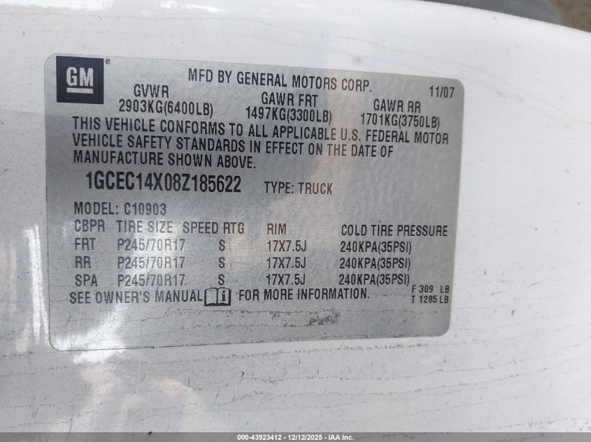 2008 Chevrolet Silverado 1500 Work Truck VIN: 1GCEC14X08Z185622 Lot: 43923412