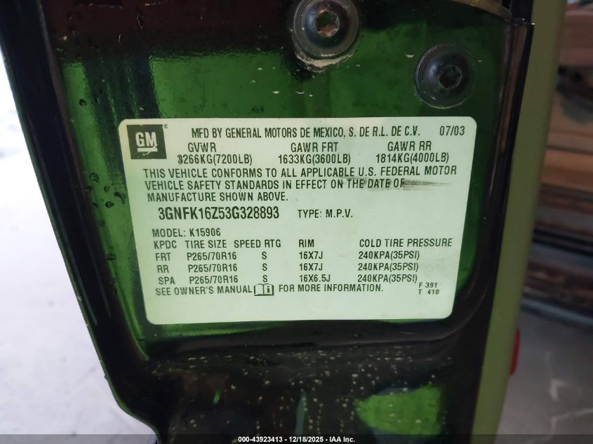 2003 Chevrolet Suburban 1500 Ls VIN: 3GNFK16Z53G328893 Lot: 43923413