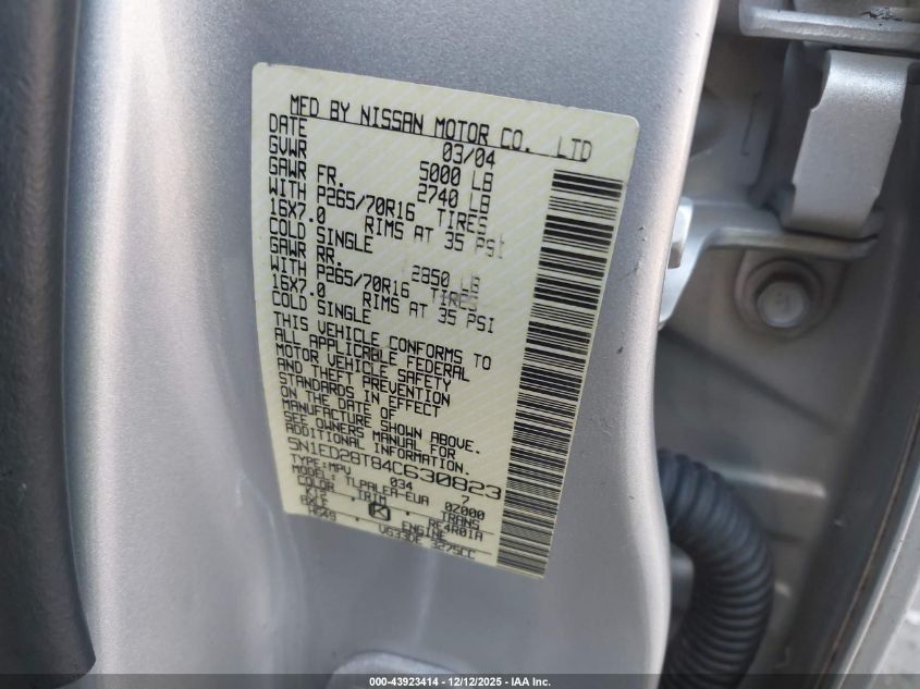 2004 Nissan Xterra Xe VIN: 5N1ED28T84C630823 Lot: 43923414