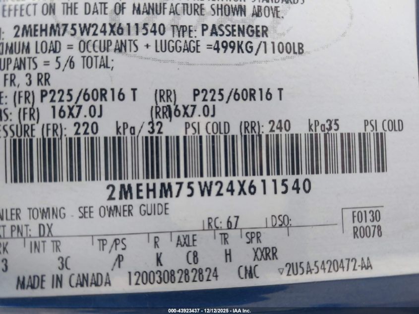 2004 Mercury Grand Marquis Ls VIN: 2MEHM75W24X611540 Lot: 43923437