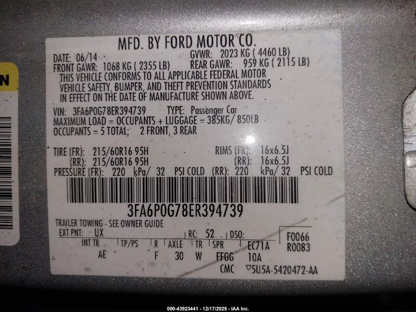 2014 Ford Fusion S VIN: 3FA6P0G78ER394739 Lot: 43923441