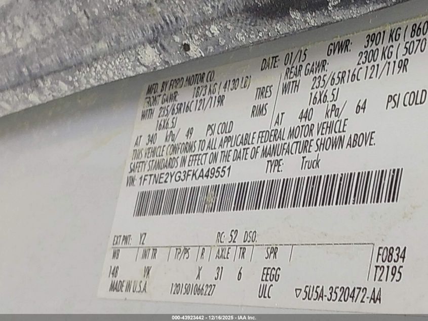 2015 Ford Transit-150 VIN: 1FTNE2YG3FKA49551 Lot: 43923442