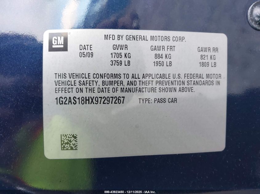 2009 Pontiac G5 VIN: 1G2AS18HX97297267 Lot: 43923450