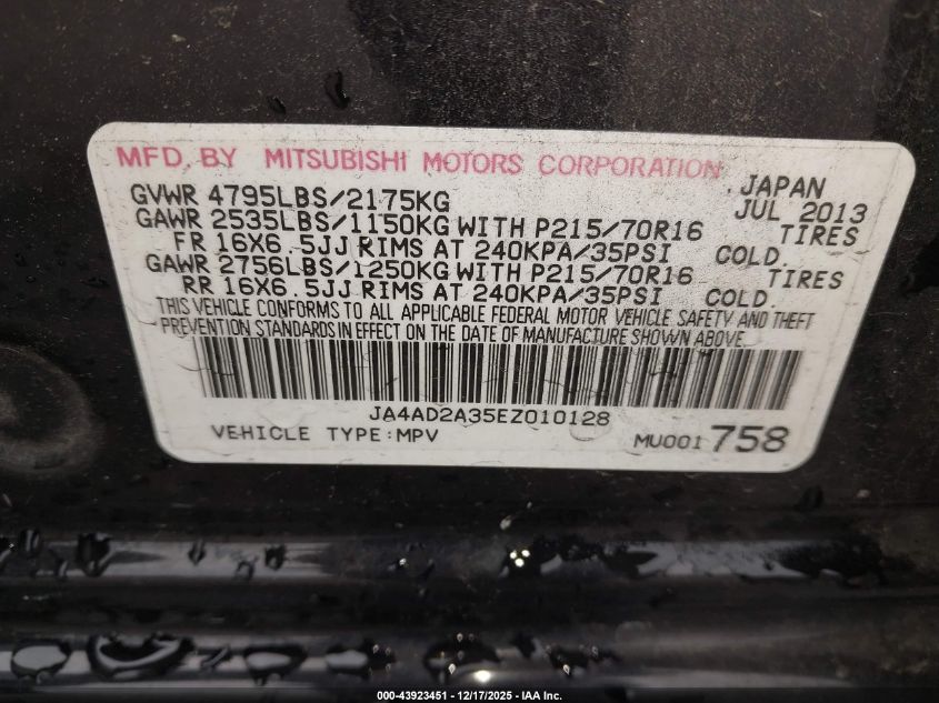 2014 Mitsubishi Outlander Es VIN: JA4AD2A35EZ010128 Lot: 43923451