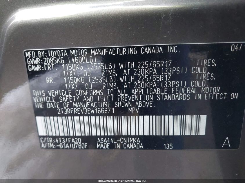 2014 Toyota Rav4 Xle VIN: 2T3RFREV3EW166871 Lot: 43923458