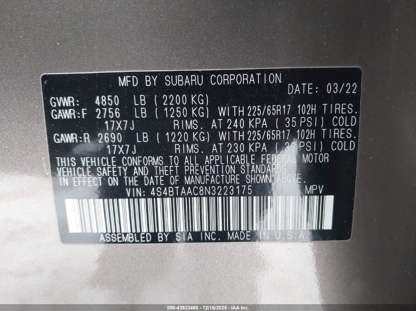 2022 Subaru Outback VIN: 4S4BTAAC8N3223175 Lot: 43923460