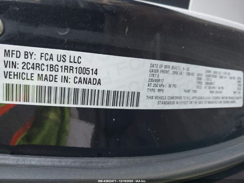 2024 Chrysler Pacifica Touring L VIN: 2C4RC1BG1RR100514 Lot: 43923471