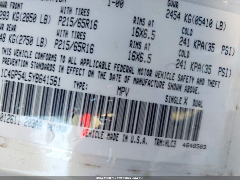 2000 Chrysler Town & Country Lxi VIN: 1C4GP54L5YB641561 Lot: 43923478