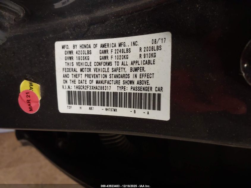 2017 Honda Accord Lx VIN: 1HGCR2F3XHA286317 Lot: 43923483