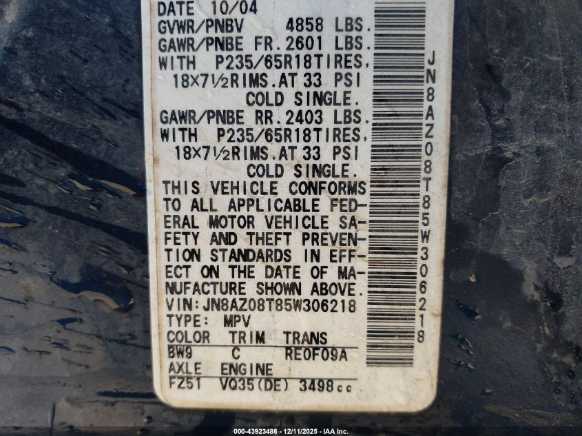 2005 Nissan Murano Se VIN: JN8AZ08T85W306218 Lot: 43923486